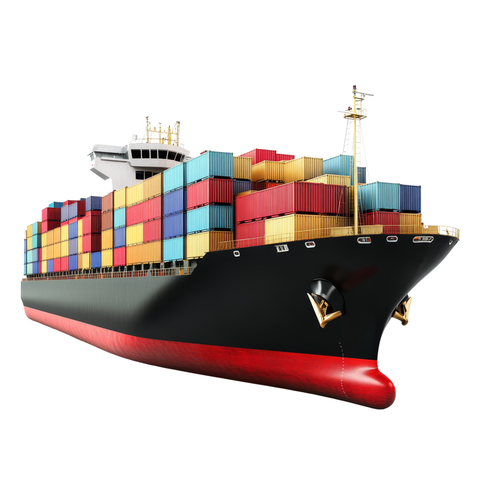 A large container ship loaded with colorful cargo containers against a bright transparent background showcasing global trade and shipping activities, container ship with cargo containers on png