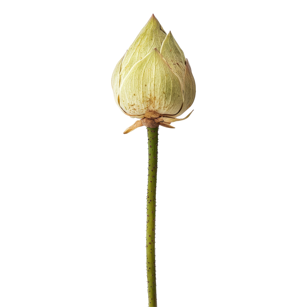 A single lotus stem with a closed bud standing against a clean transparent background perfect for minimalistic design, lotus stem on transparent background png