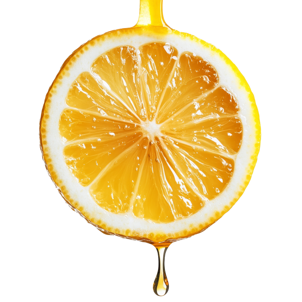 Fresh lemon slice with juice dripping against a clean transparent background captured in bright natural light, lemon slice with juice dripping on transparent background png