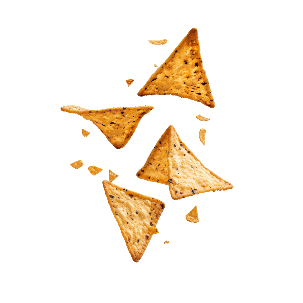 Tortilla chips levitate and cascade in midair against a bright transparent background, creating a playful effect, tortilla chip levitating, falling, flying transparent background png