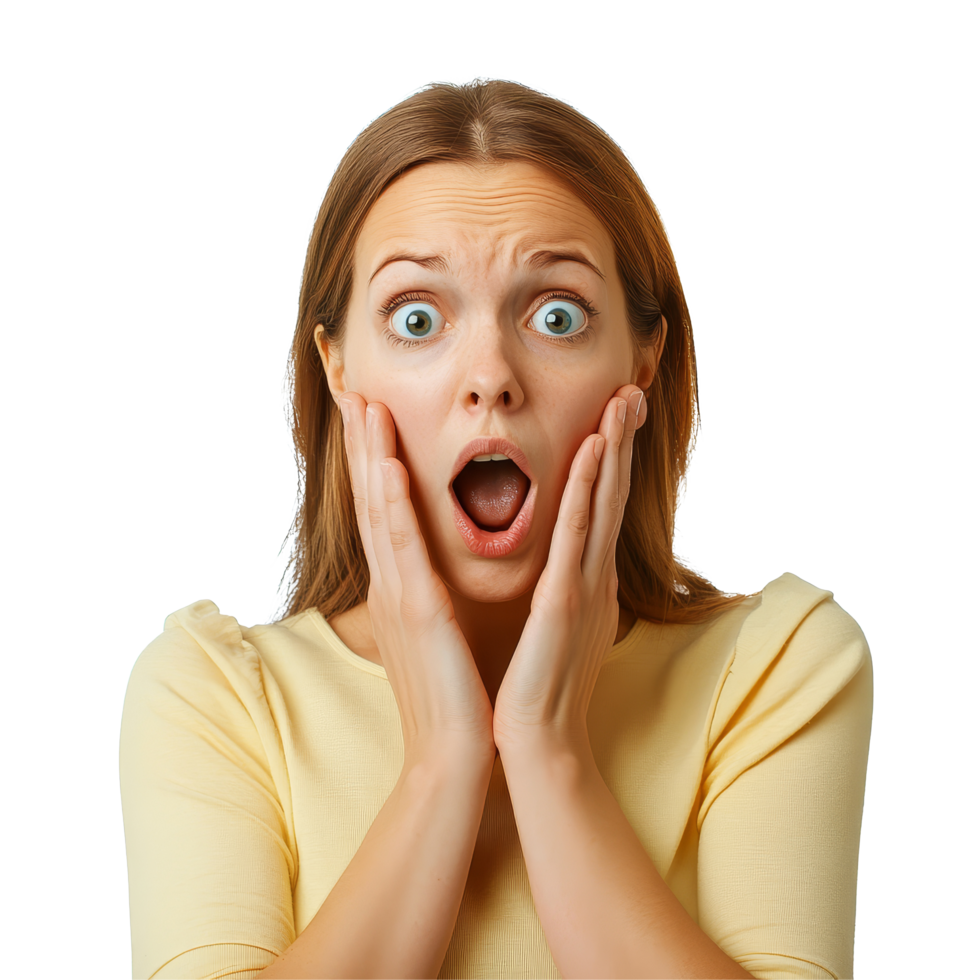 Shocked woman displaying surprise and fear with hands on her face against a plain transparent background, shocked woman surprised and scared, file of isolated object on transparent background png