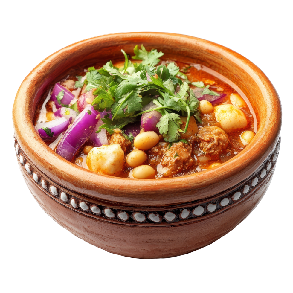 Enjoying a hearty bowl of traditional pozole in a terracotta dish, featuring fresh ingredients and toppings, pozole on traditional terracotta bowl isolated on transparent background png