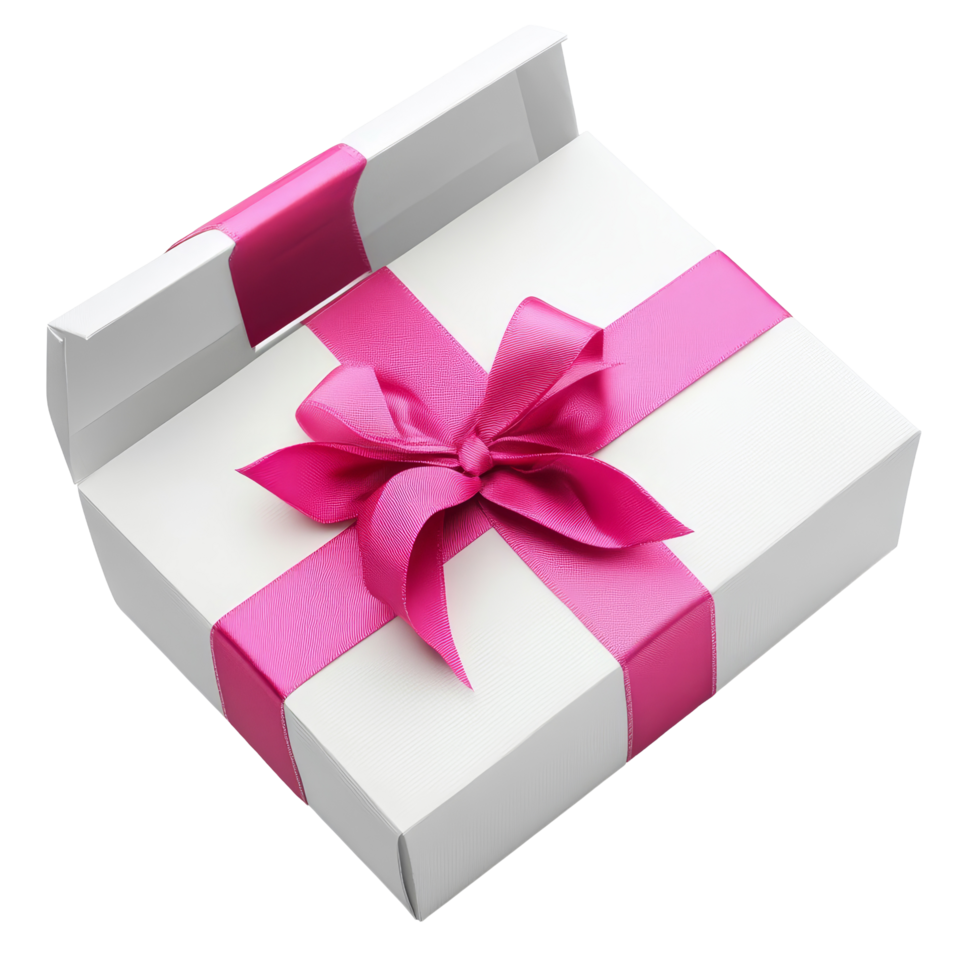 An open gift box with a pink ribbon on a bright transparent background showcasing surprise and celebration, Open gift box isolated on transparent png