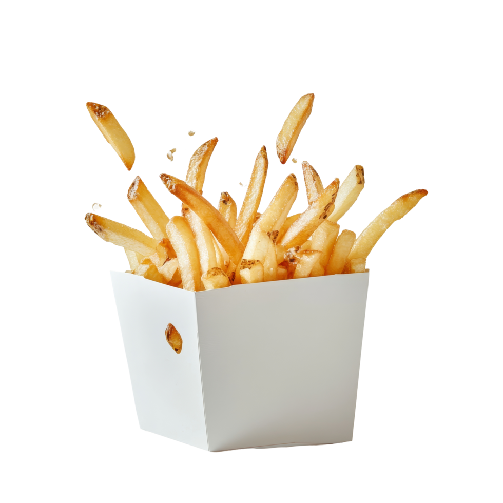 French fries bursting out of a transparent paper box, creating a dynamic splash against a neutral background, French fries splashing out from transparent paper box png
