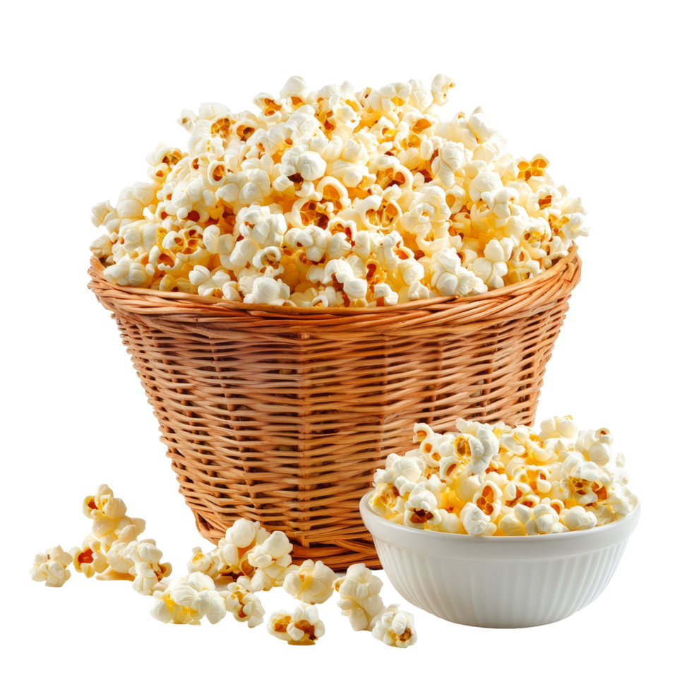Freshly popped popcorn piled high in a woven basket and a small bowl on isolated transparent background, popcorn in basket and bowl isolated on transparent background png