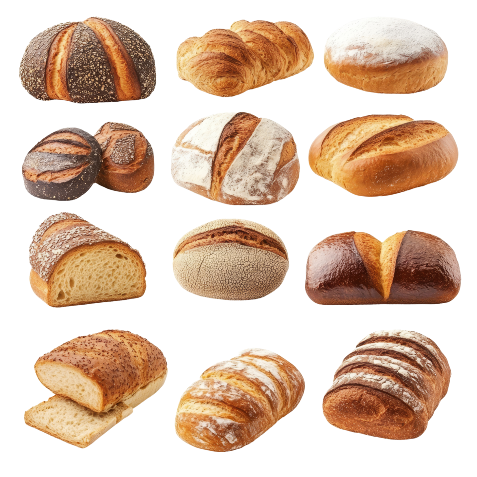 An assortment of freshly baked breads displayed on a transparent surface, showcasing diverse textures and flavors, Delicious different sort of bread, bakery on transparent background png