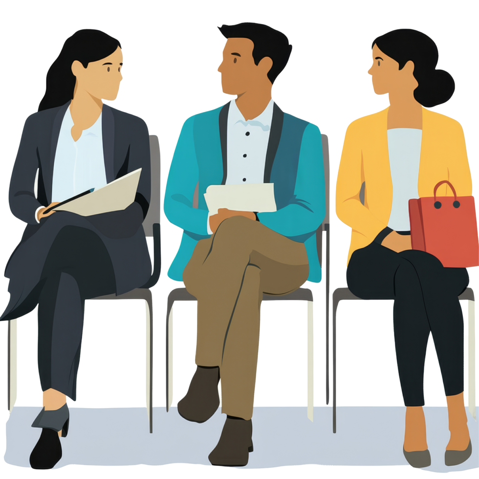 Diverse group of individuals waiting together for a business meeting at a modern office, file no background Diverse people waiting for a job interview png