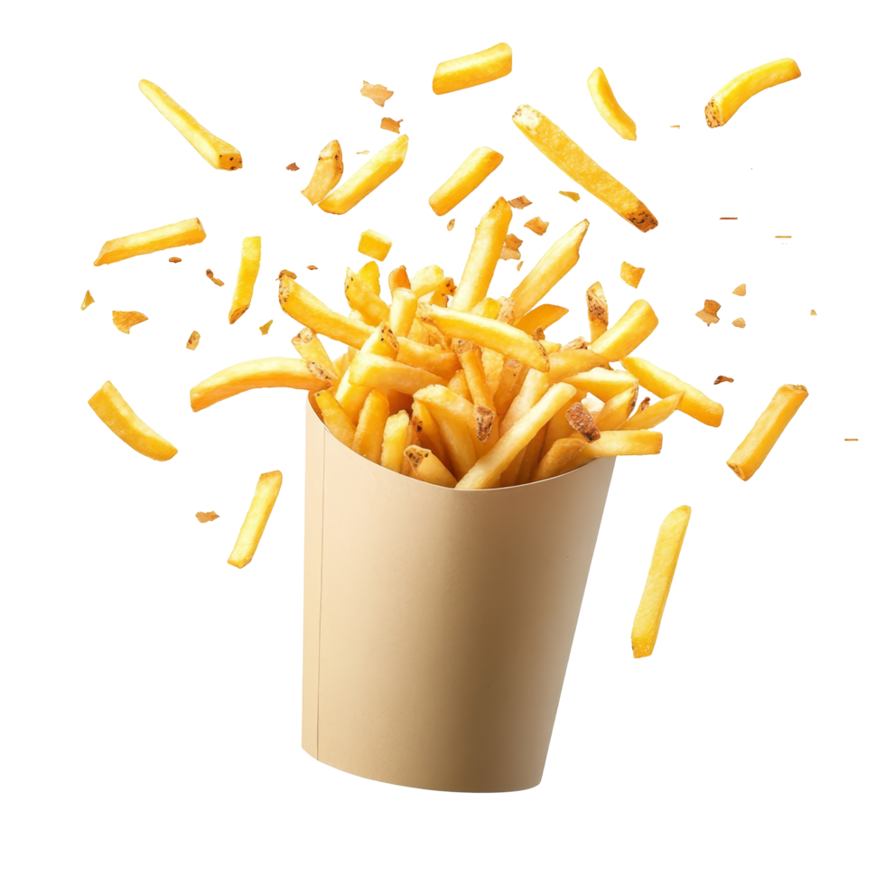 Flying French fries cascading from a paper bucket on a clean transparent background, French fries flying out of paper bucket isolated on a transparent background png