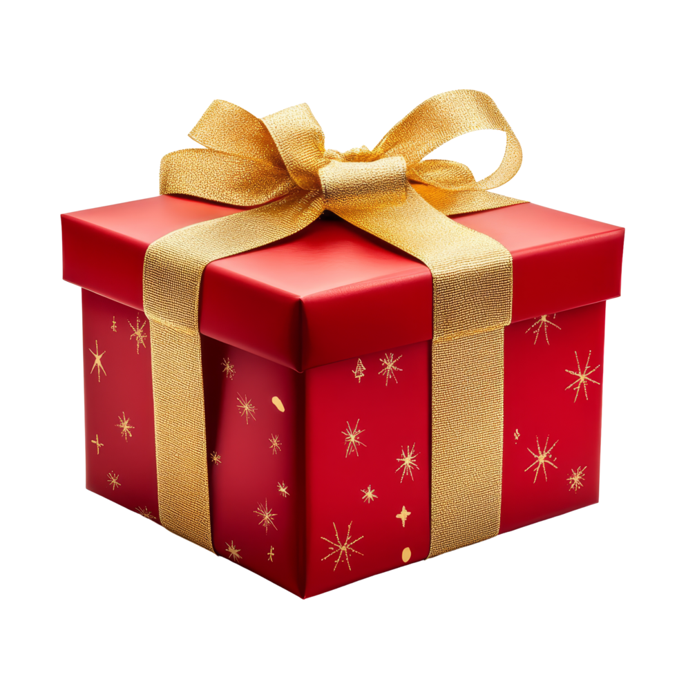 Decorative red Christmas gift box adorned with a golden ribbon, perfect for festive celebrations and holiday giving, red christmas gift box with golden ribbon png