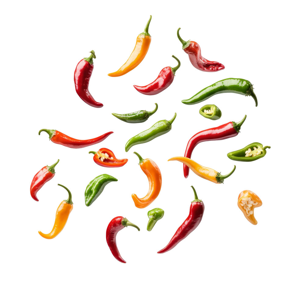 Colorful varieties of chillies floating in midair against a transparent background for culinary inspiration, Various chillies floating on the air isolated on transparent backgroud png