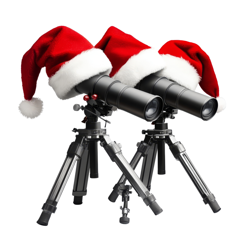 Telescopes decorated with Santa hats ready for holiday stargazing on a transparent background, Telescopes with Santa Hats on transparent background Christmas Gift png