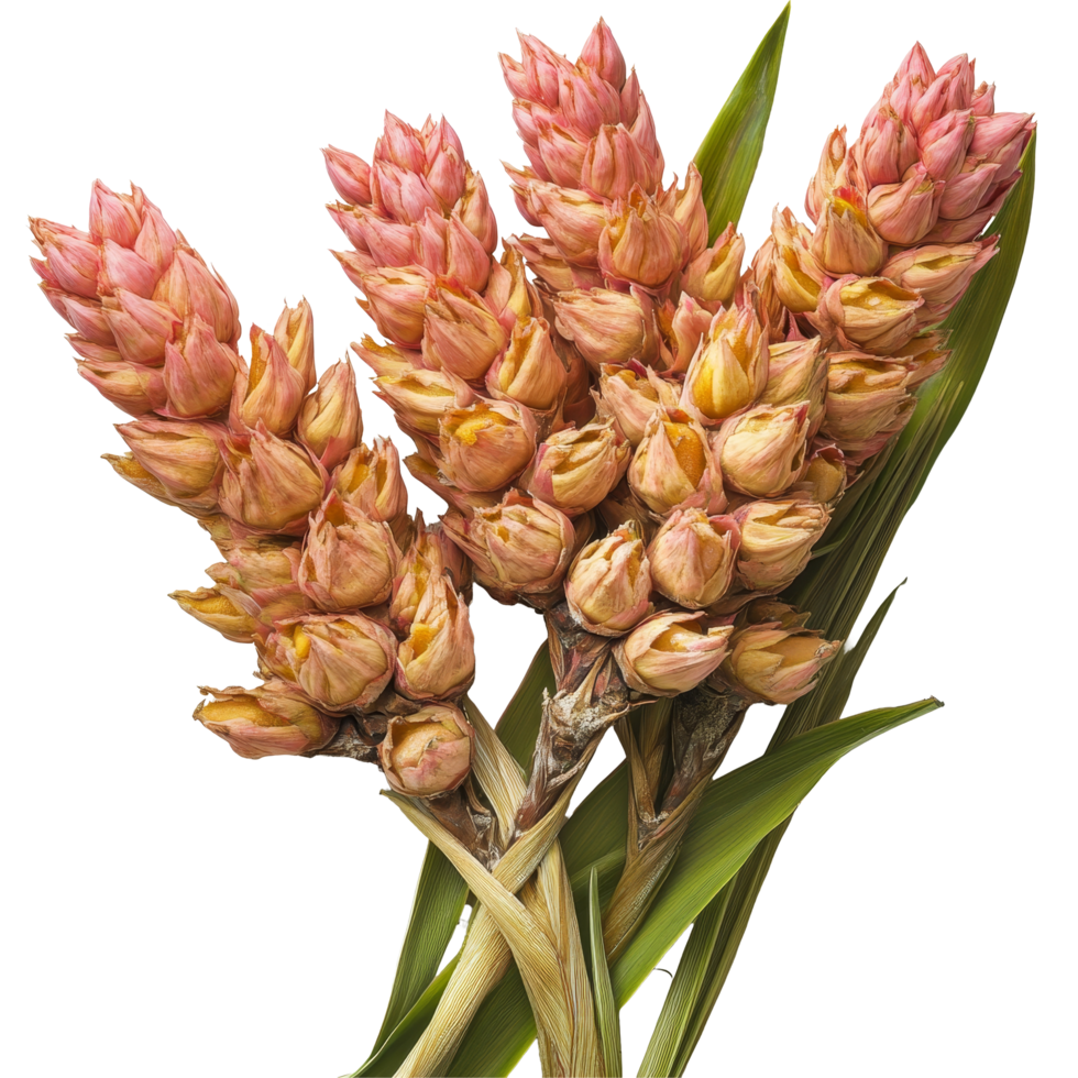 Curcuma latifolia Roscoe showing vibrant pink blooms on a transparent background with lush green leaves in natural arrangement, Curcuma latifolia Roscoe on transparent background png