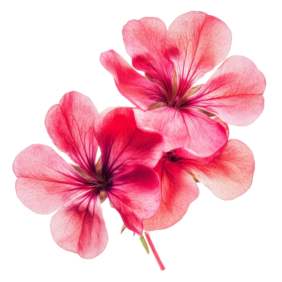 Vibrant geranium blossoms showcasing delicate petals in bright pink hues on a transparent background, vibrant geranium in style, isolated on a transparent background for design layouts png