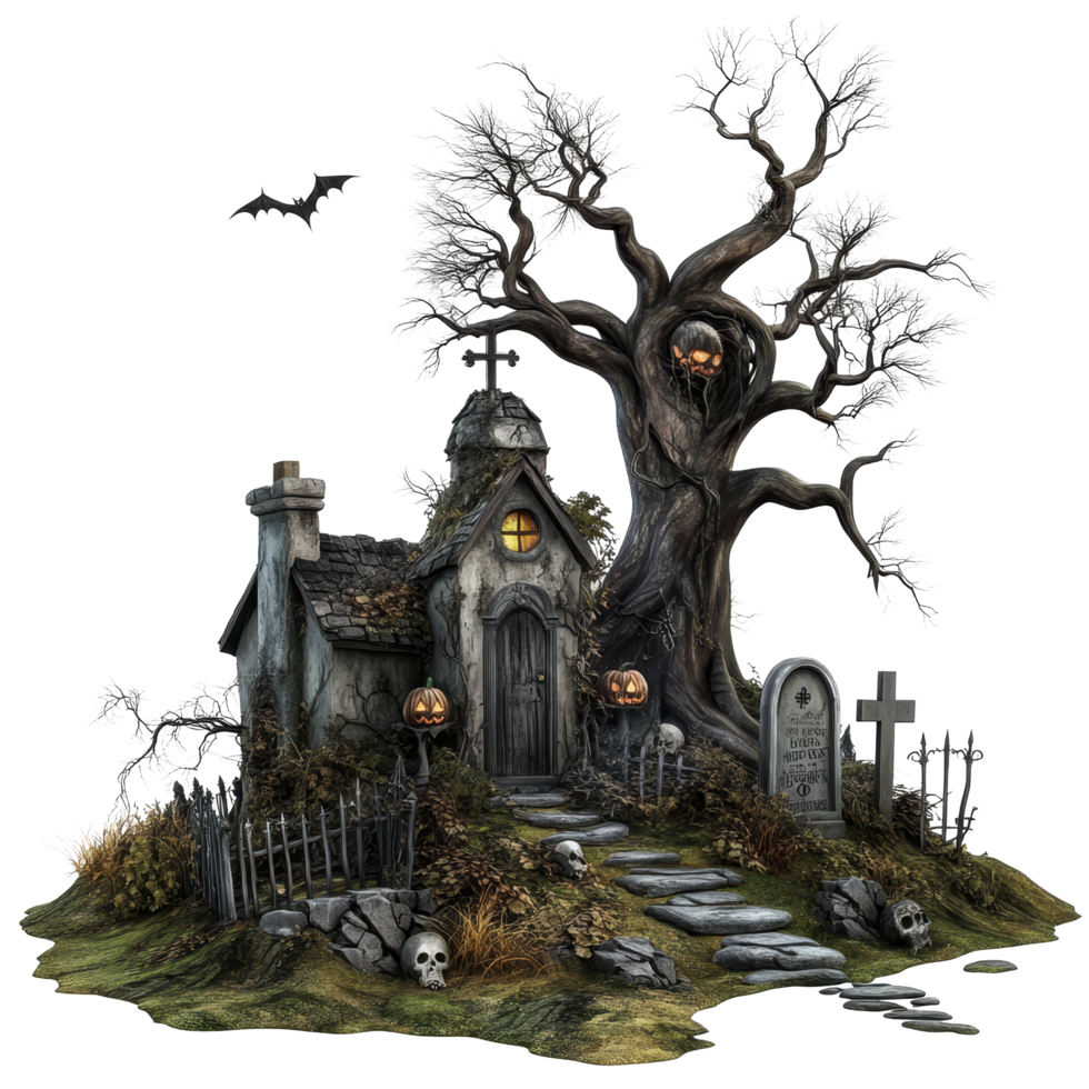Chilling graveyard with eerie trees and haunted house illuminated by jackolanterns for Halloween, Spooky Halloween Graveyard Haunted Cemetery Scene Isolated on transparent background png