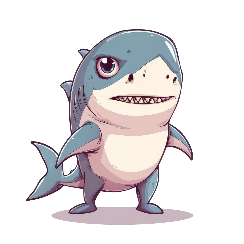 Cute cartoon shark character standing playfully on a transparent transparent background with an expressive face and friendly demeanor, cute shark comic cartoon character isolated on transparent png