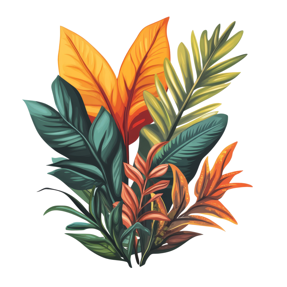 Vibrant tropical leaves showcasing lush foliage in a colorful arrangement ideal for decor and design inspiration, Tropical leaves foliage plant jungle bush floral png