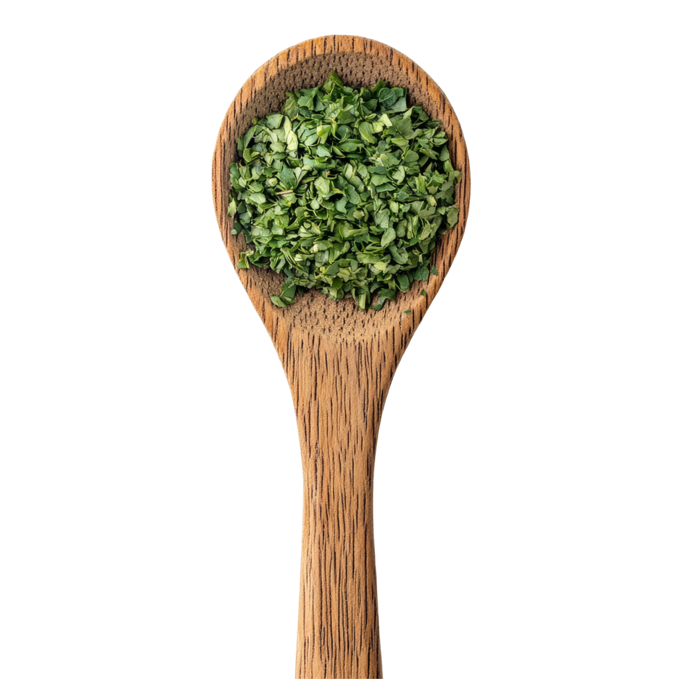 Dried chopped parsley rests in a wooden spoon on a transparent background for culinary use, Dried chopped parsley in wood spoon on transparent background png
