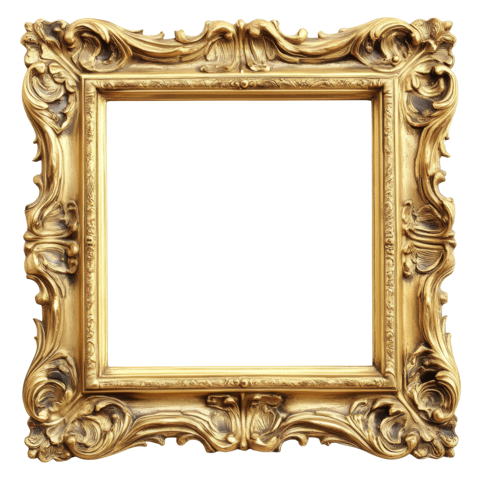 Antique golden frame with intricate design isolated on a transparent background, Antique golden frame isolated on transparent background png