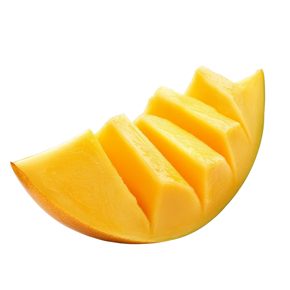 Freshly sliced mango pieces isolated on a pure transparent background for culinary use, slice mango isolated on transparent background png