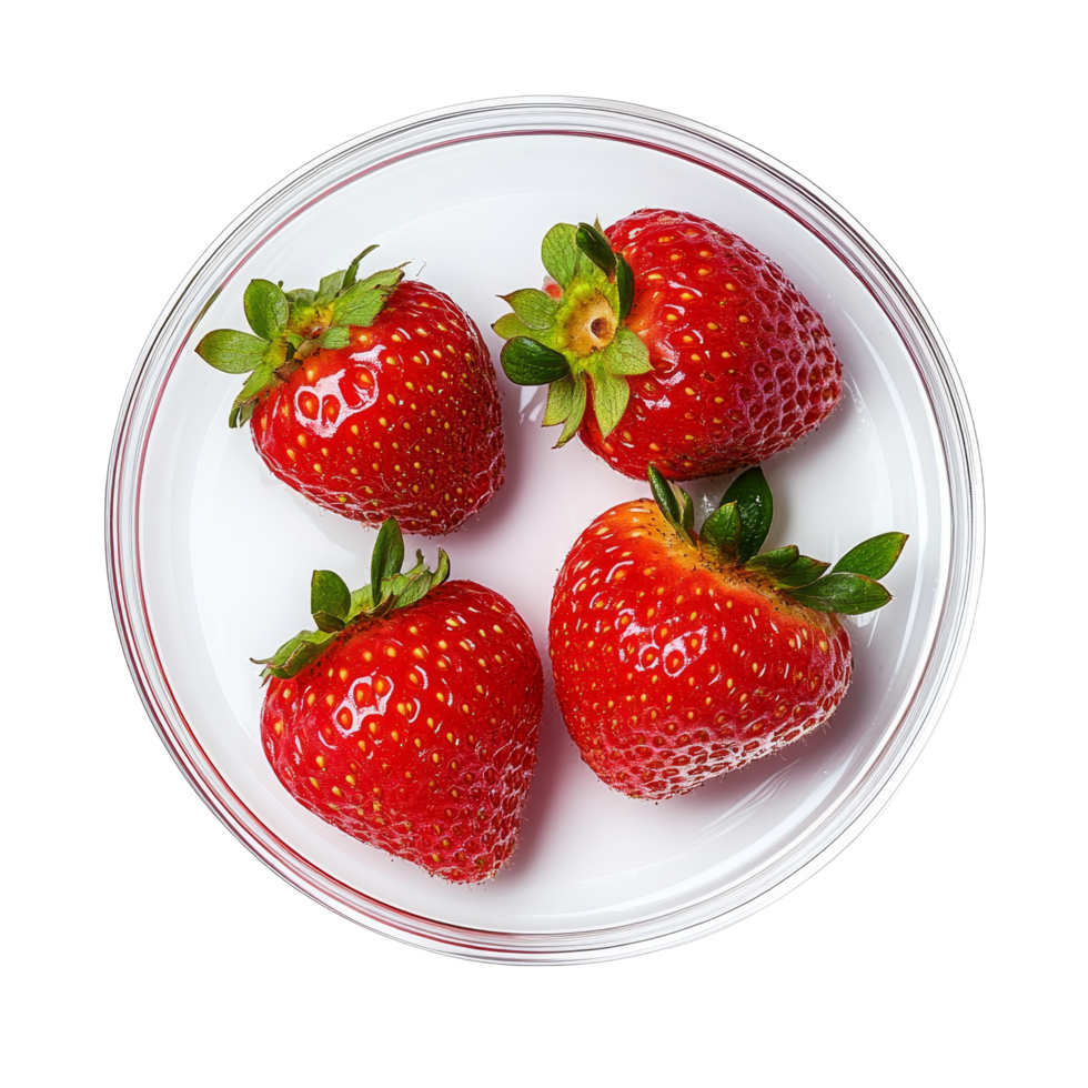 Fresh strawberries arranged on a petri dish showcasing natural essence and vibrant colors, Fresh strawberry with essence on petri dish over transparent background png