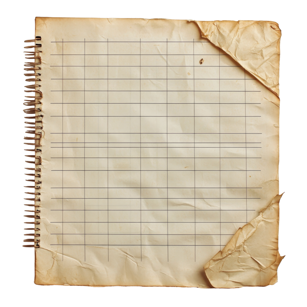 An old, worn sheet of gridlined notebook paper with frayed edges lies flat on a surface, showing signs of age and use, old a sheet of notebook paper with grid lines on transparent backgroundfile png