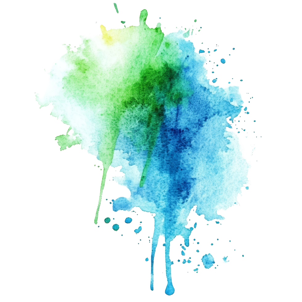 Abstract watercolor splashes in vibrant green and blue tones creating an artistic design on a transparent background, green blue colored paint fleck splash isolated on transparent background png