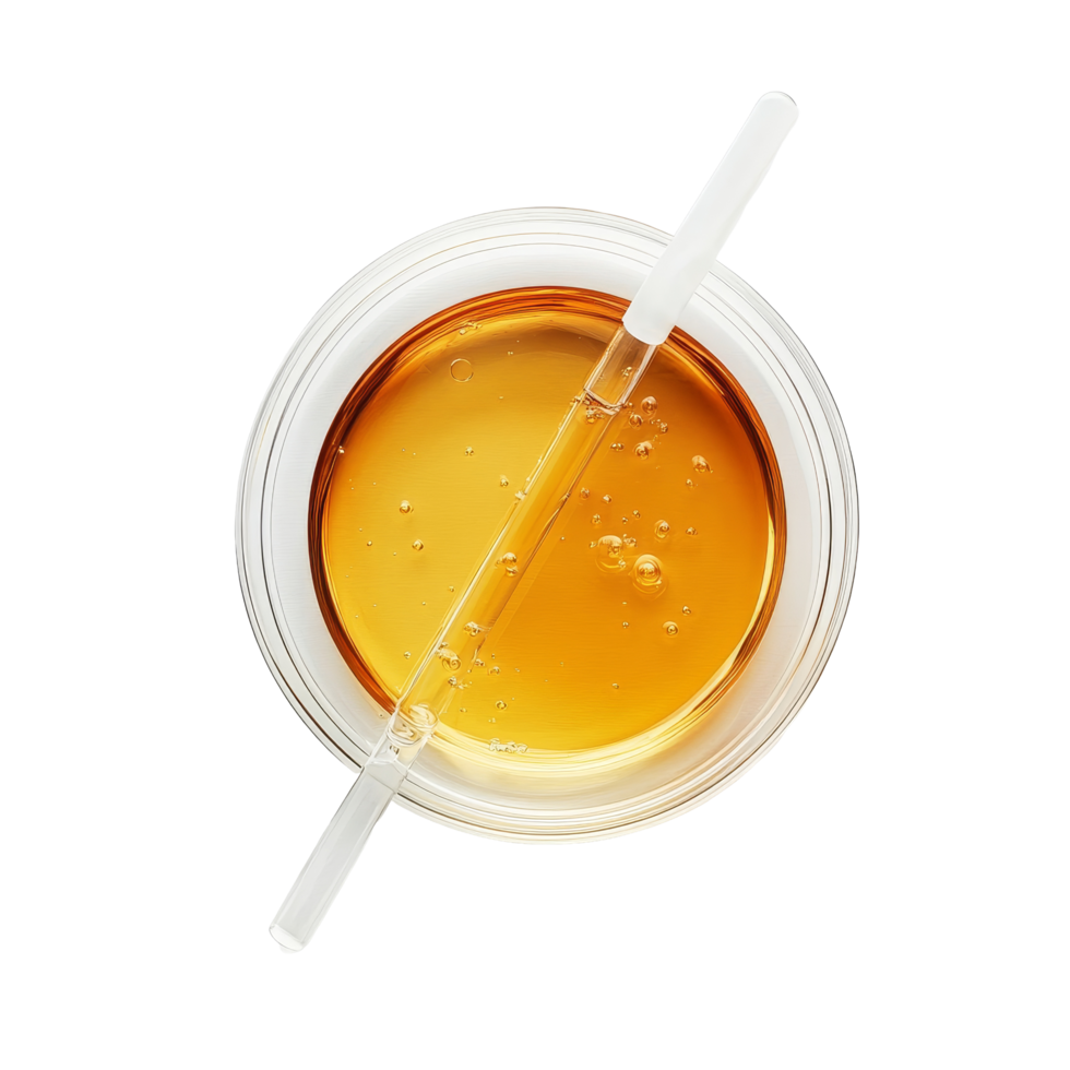 Clear liquid in petri dish with pipette on transparent background showcasing a laboratory setup for experiments, Liquid in petri dish over transparent background flat lay png