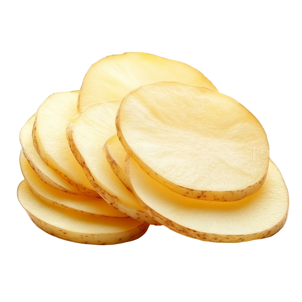 Freshly sliced potato slices ready to be transformed into crispy chips on a transparent background, Potato slices turning into chips isolated png