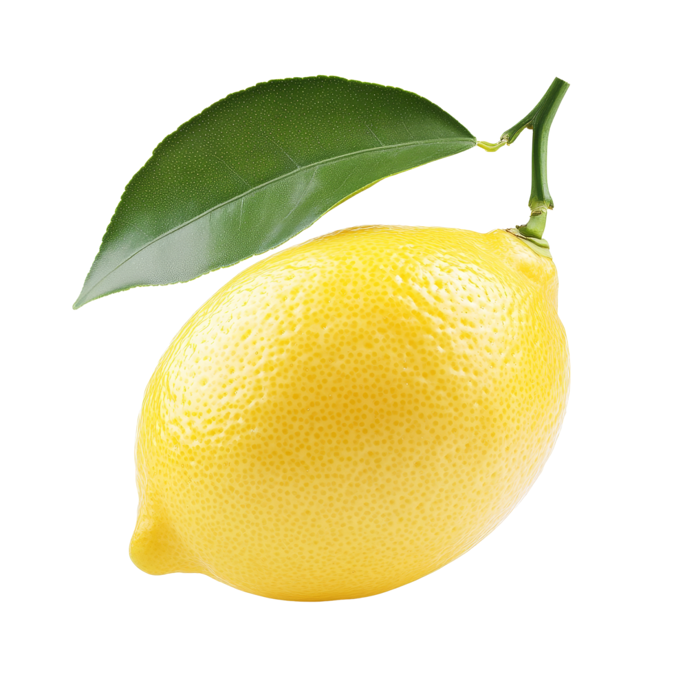 Fresh lemon with vibrant green leaf isolated on transparent background for culinary and decorative purposes, fresh lemon isolated png