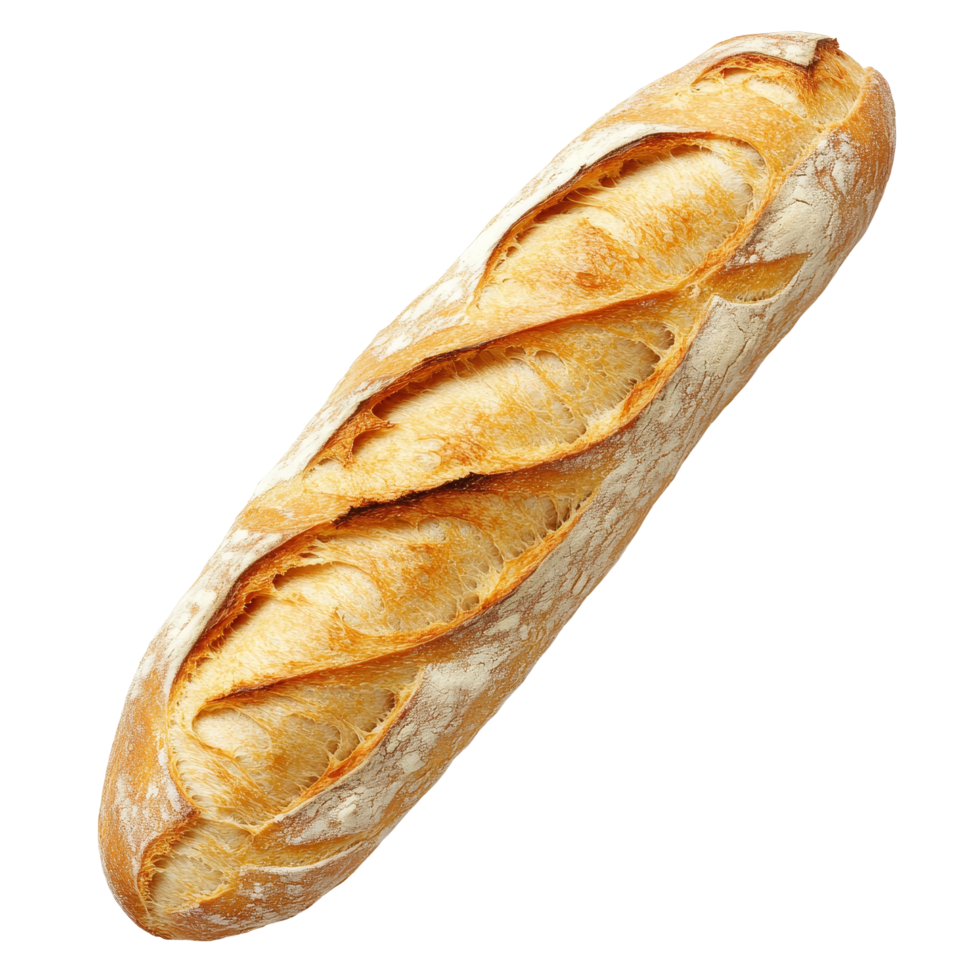 Freshly baked baguette resting on a clean surface, showcasing its crusty exterior and soft interior, Freshly baked baguette isolated png