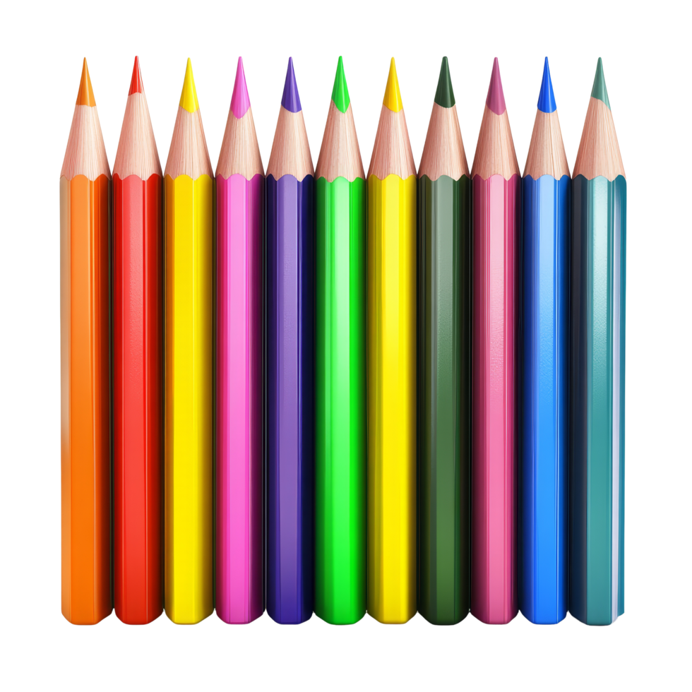 A selection of 12 colored pencils is neatly arranged in a row on a smooth transparent surface, of colored pencils, file of isolated object with shadow on transparent background png