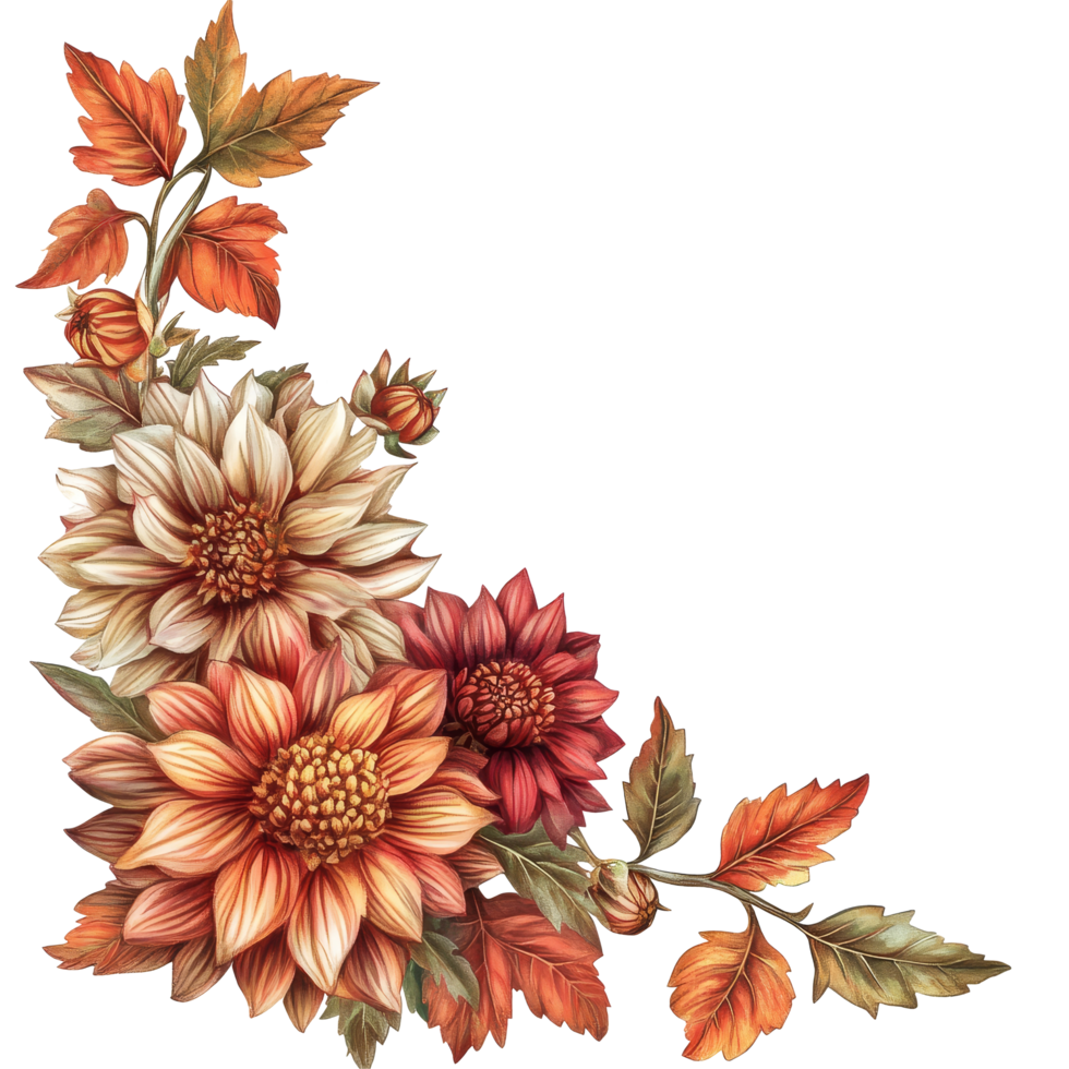 Autumn floral corner border featuring dahlia in warm transparent hues for seasonal decoration, Autumn floral corner border with dahlia transparent background png