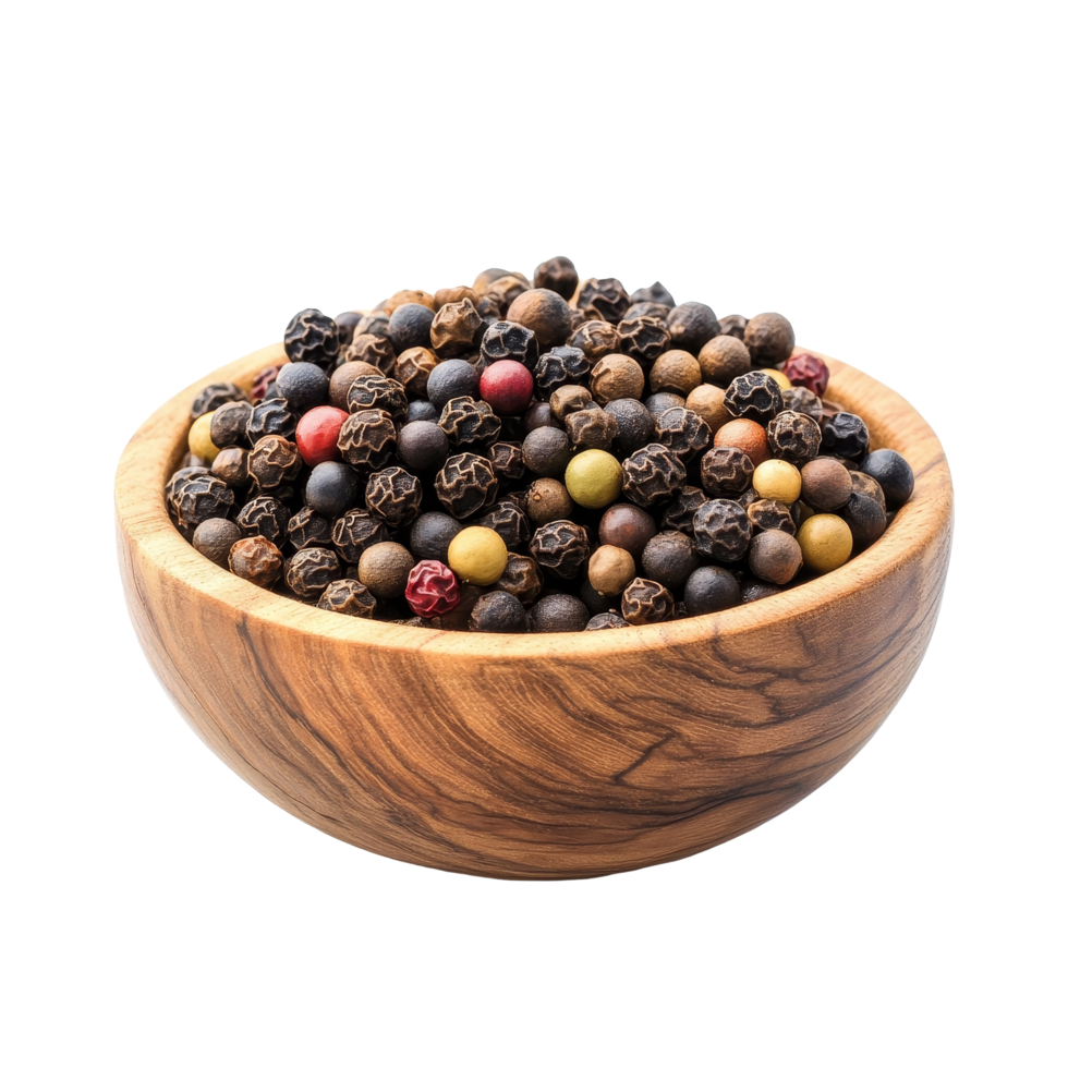 A wooden bowl filled with colorful peppercorns isolated on a transparent background for culinary use or decoration, pepper corn in wood bowl isolated on transparent background png