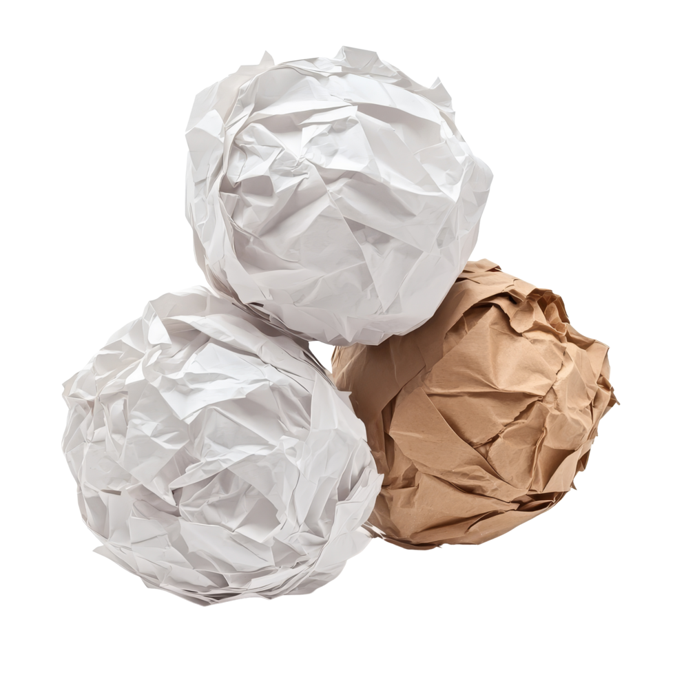 Crumpled transparent and brown paper balls arranged together on a transparent background showcasing texture and color contrast, Crumpled Paper Balls, transparent and Brown, Isolated on transparent png