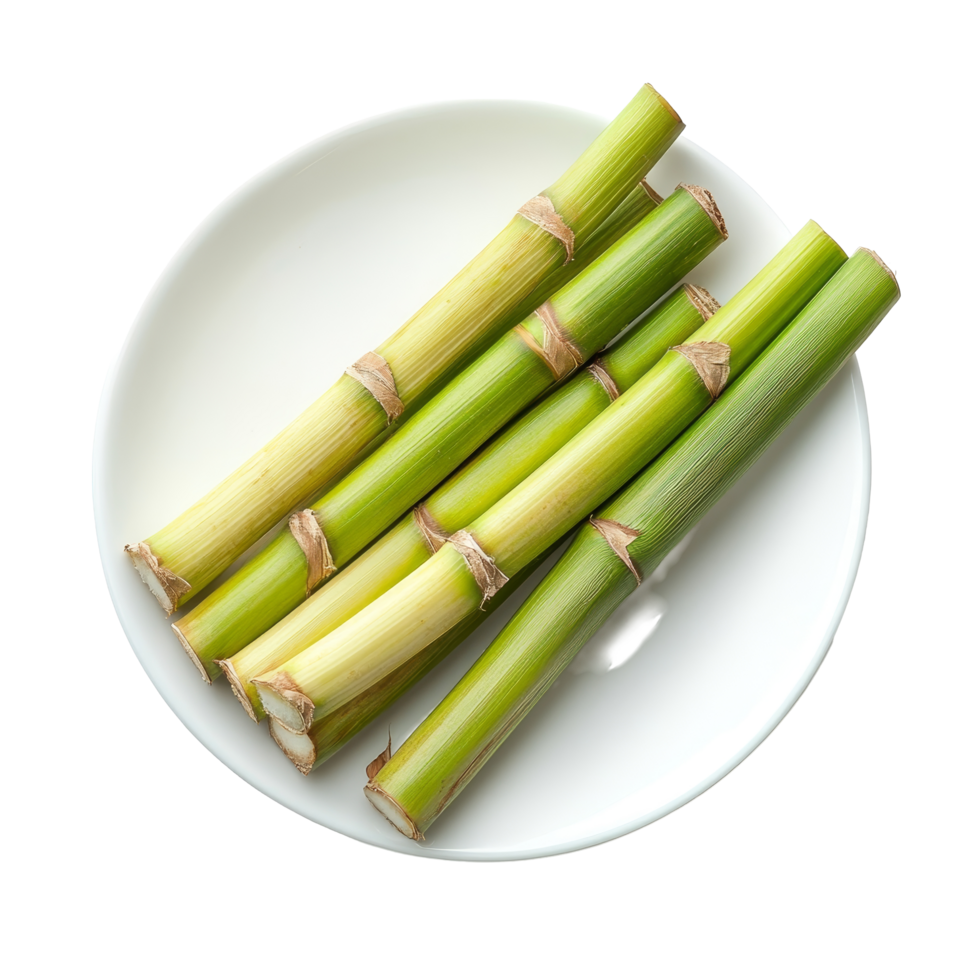 Fresh sugarcane arranged neatly on a transparent plate creating a simple and clean backdrop for cooking or eating, sugarcane in transparent plate on transparent background png