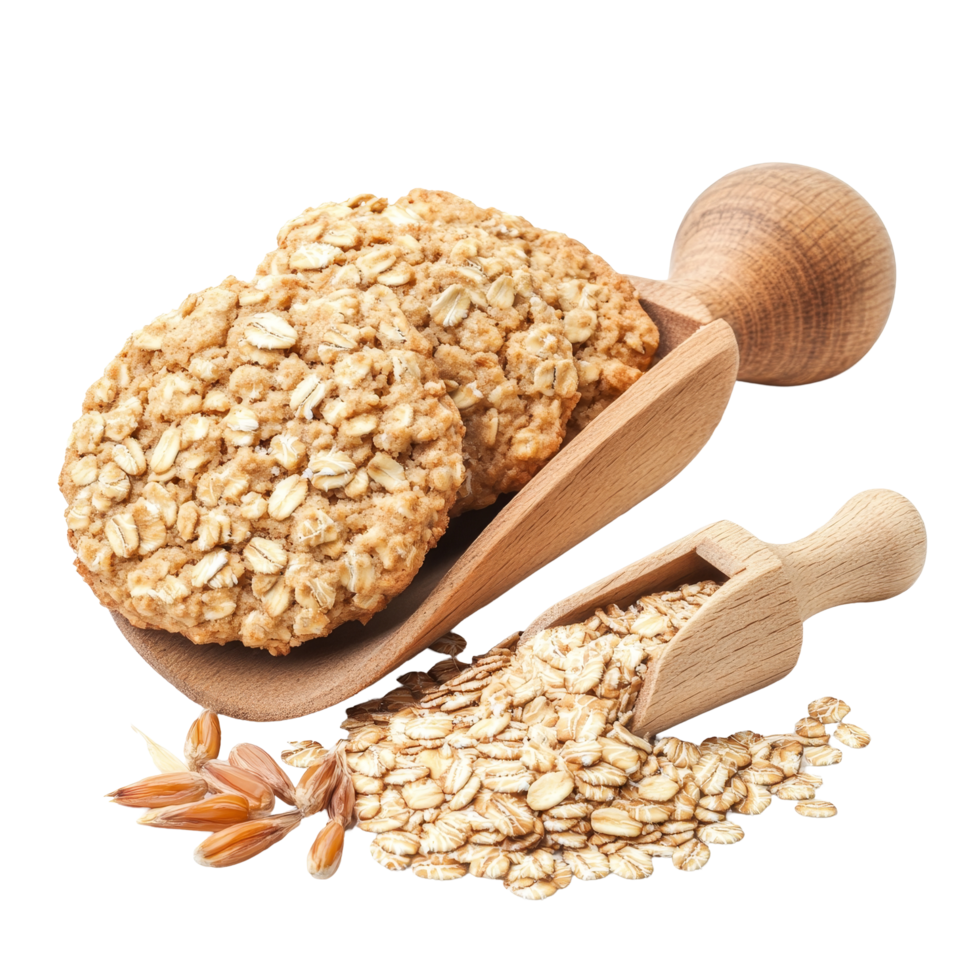 Fresh oatmeal cookies with wheat germ in a rustic wooden scoop on clean transparent background, Oatmeal cookies and wheat germ in wood scoop on transparent background png