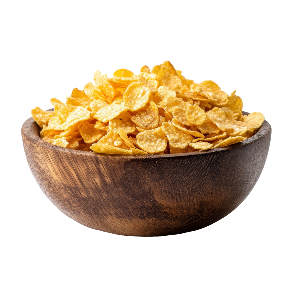 A wooden bowl filled with crispy corn flakes isolated on a transparent background for a fresh and healthy breakfast idea, corn flakes in wood bowl isolated on transparent background png