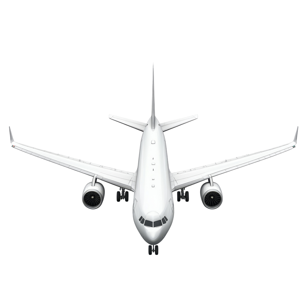 A modern airplane is shown from the front, emphasizing its aerodynamic shape and engine details, Airplane isolated png