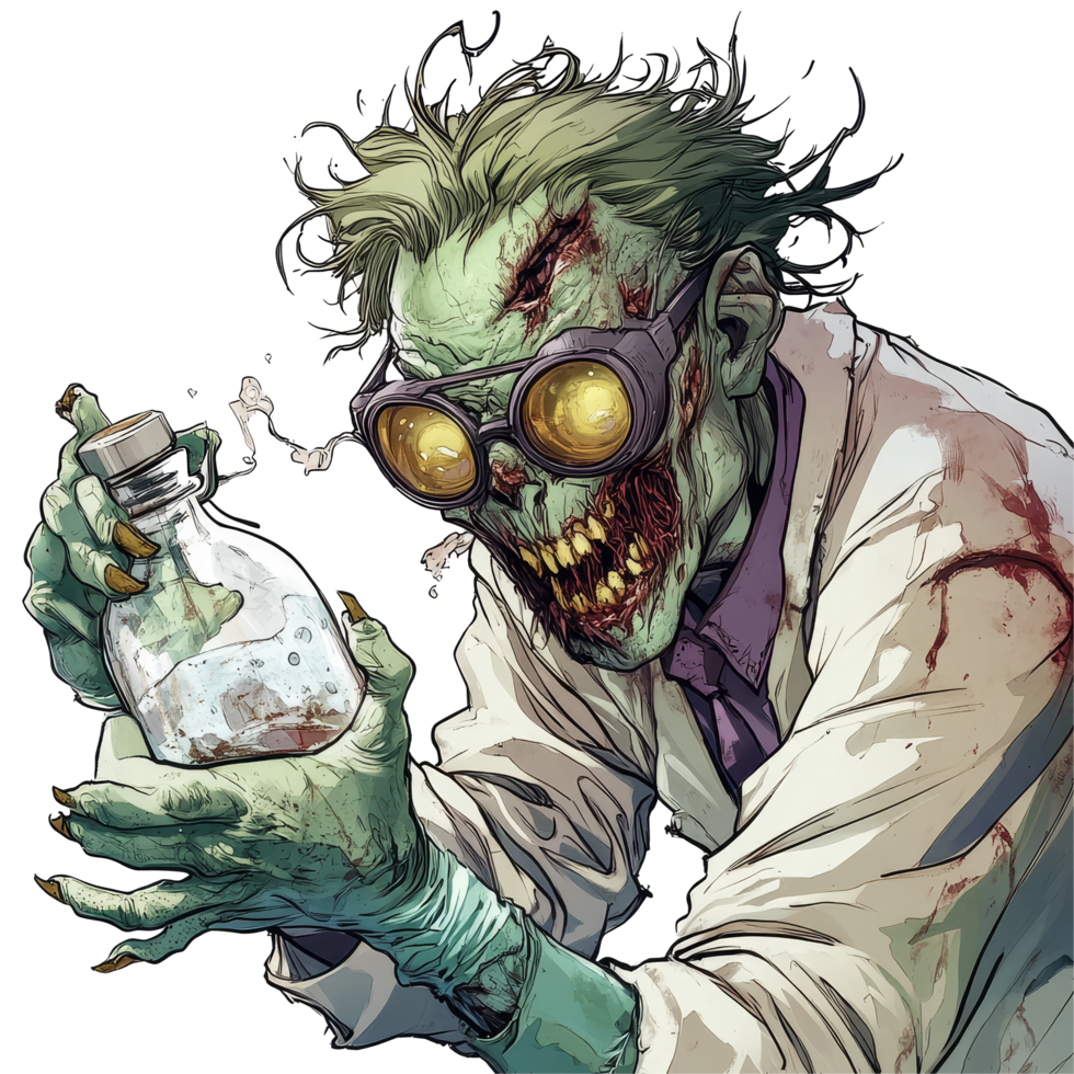 A zombie scientist holding a potion, exhibiting eerie features and a chaotic background in a creative illustration, zombie scientist on transparent background png