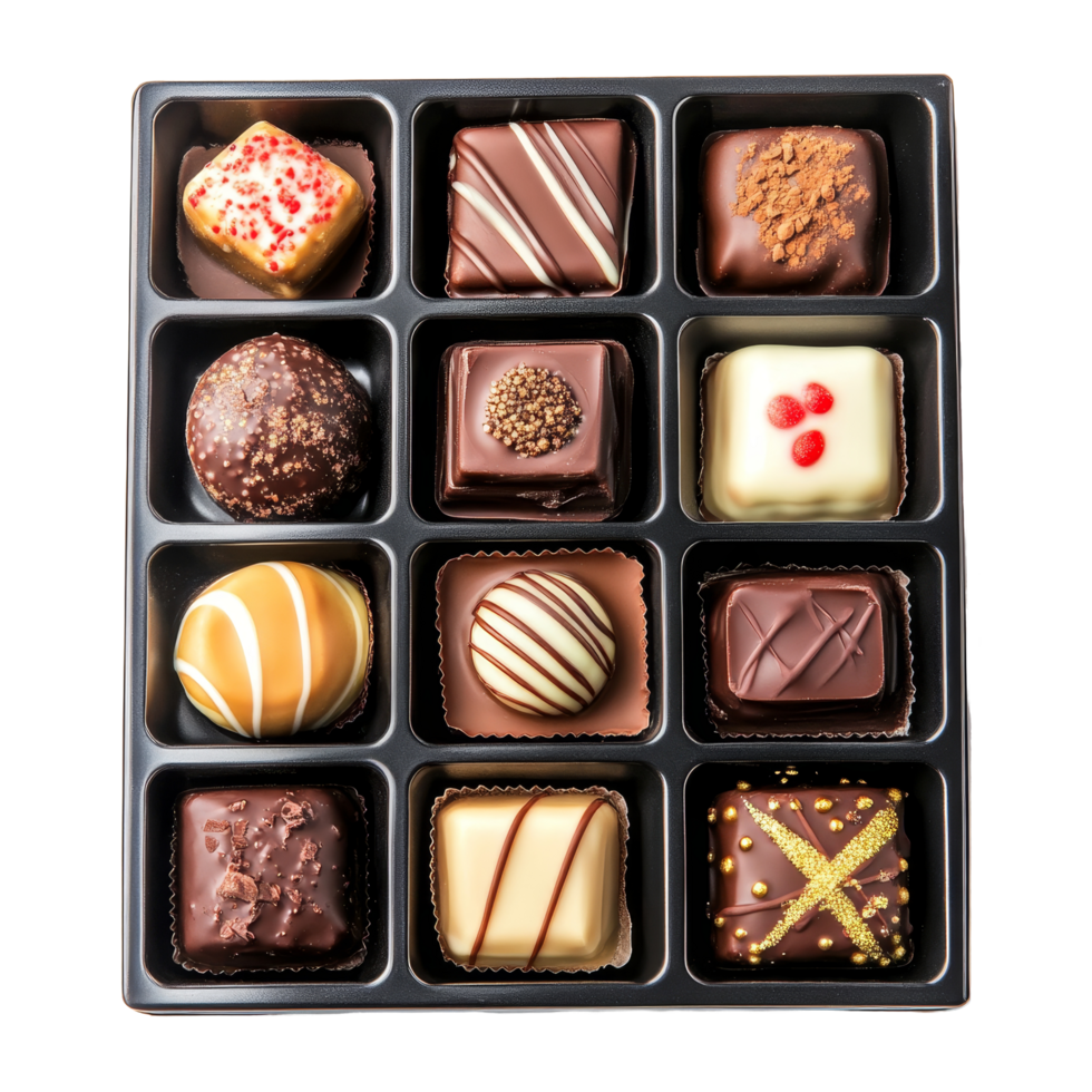 Delicious gourmet chocolate box displayed on a transparent background for holiday gifting, Gourmet Chocolate Boxes on transparent background For Christmas and Valentine days png