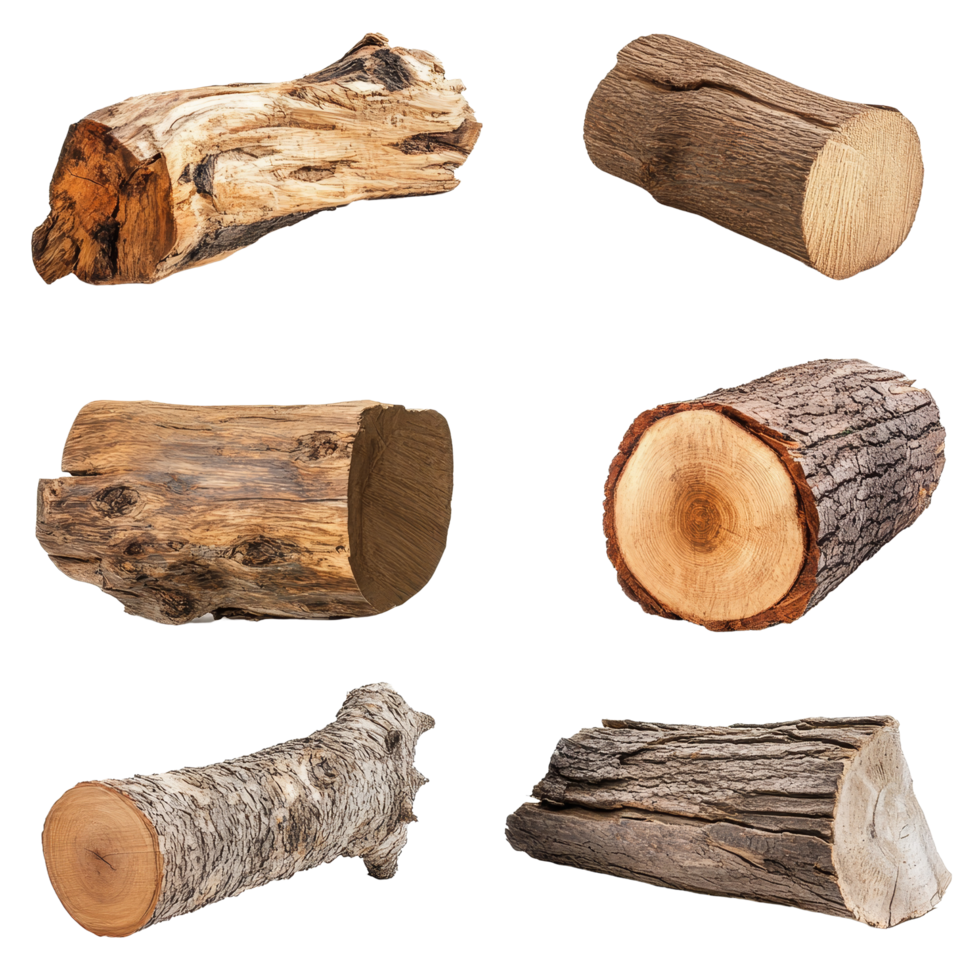 Different types of old wood logs displayed on a transparent background showcasing unique textures and cuts, Different types of old wood logs transparent background. Wooden log isolated on transparent png