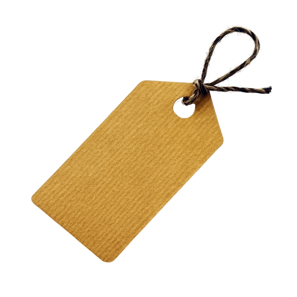 A simple, isolated price tag with a twine attachment on a transparent background for retail pricing displays, price tag isolated on transparent background png