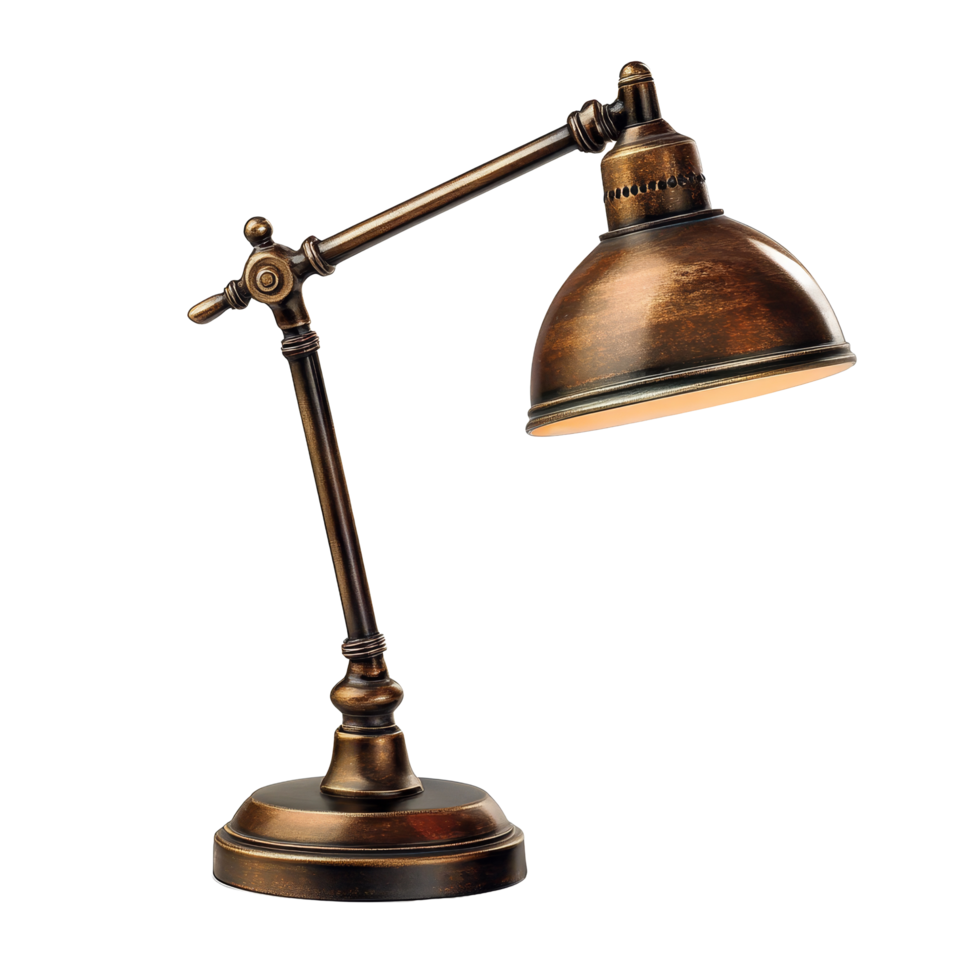 Elegant brass desk lamp with adjustable arm, isolated on a clean transparent background for home and office decor, lamp desk isolated on transparent background png