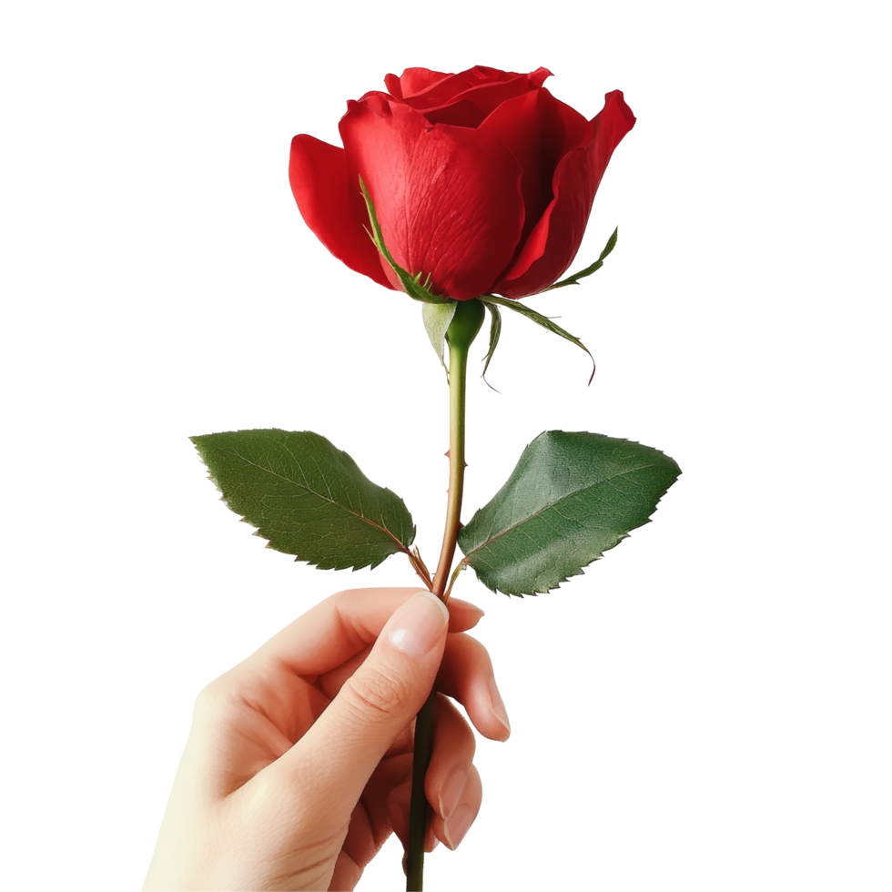 A single red rose delicately held in hand against a clean transparent background for a romantic gesture or gift, Single Red Rose Held in Hand on transparent background png