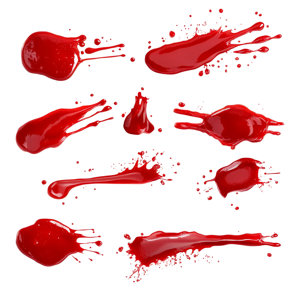 Various patterns of red ketchup sauce stains isolated on a clean transparent background highlighting their textures and shapes, red ketchup sauce stain isolated on transparent background png