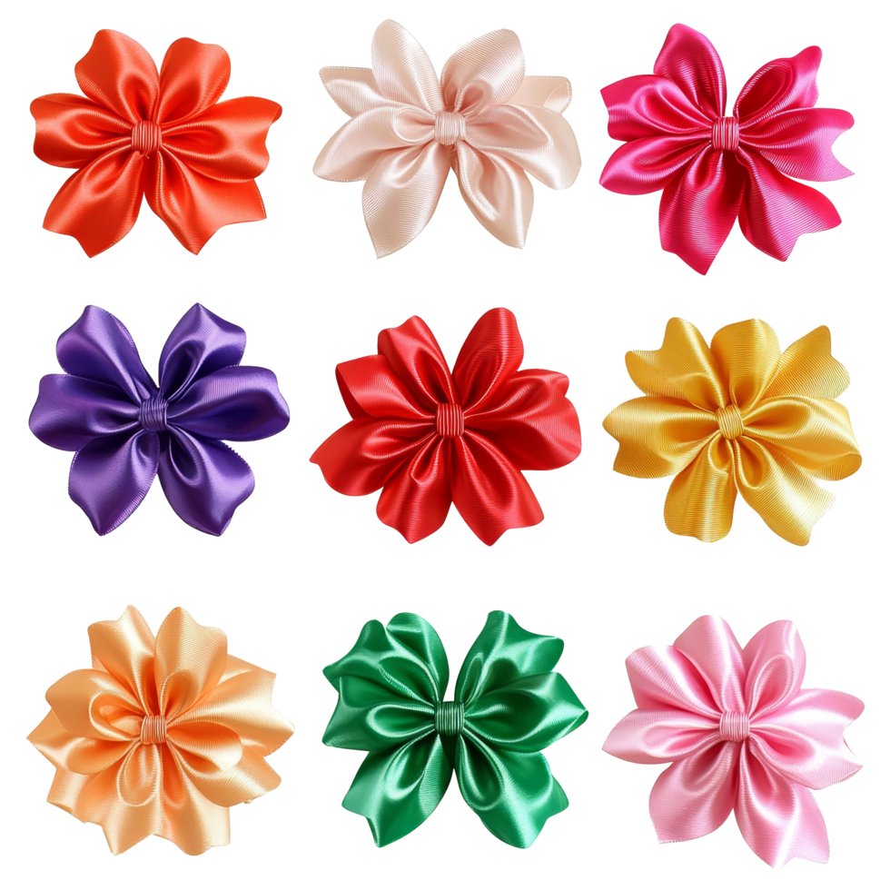 A vibrant collection of colorful ribbon bow flowers isolated on a smooth transparent background for decorative use, colored ribbon bow flowers isolated on transparent background png