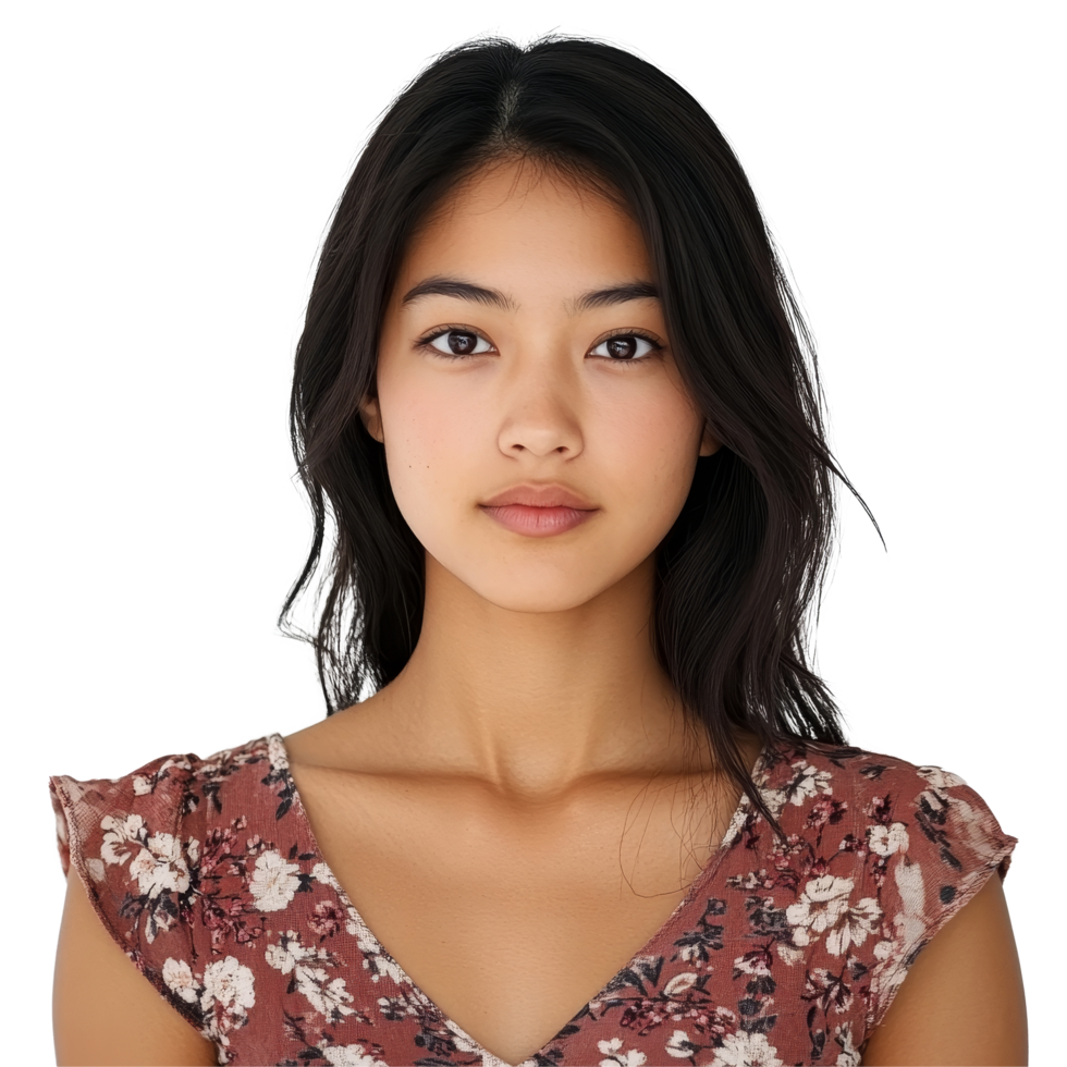 Carissa poses serenely against a transparent background, showcasing her natural beauty and soft features in a floral top, carissa isolated on transparent background png