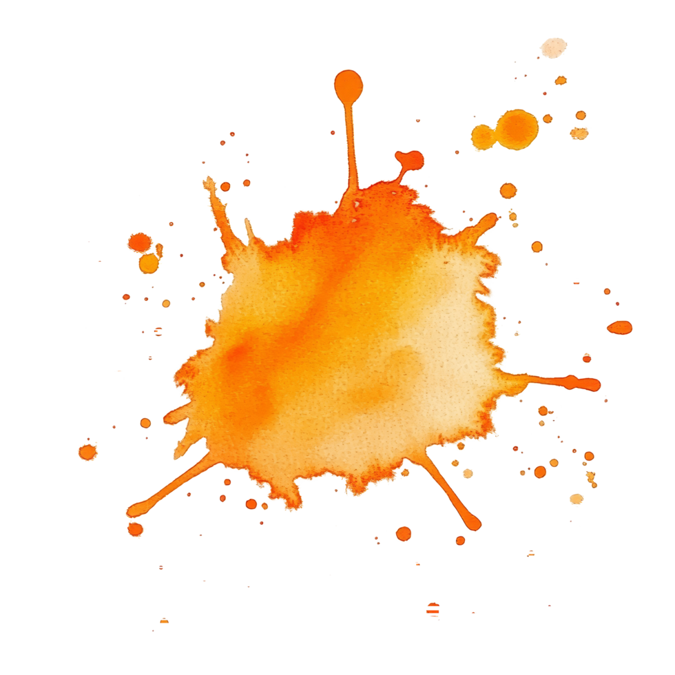Bright orange watercolor splashes on a clean transparent background, ideal for creative projects, Orange Watercolor Stain on transparent background png