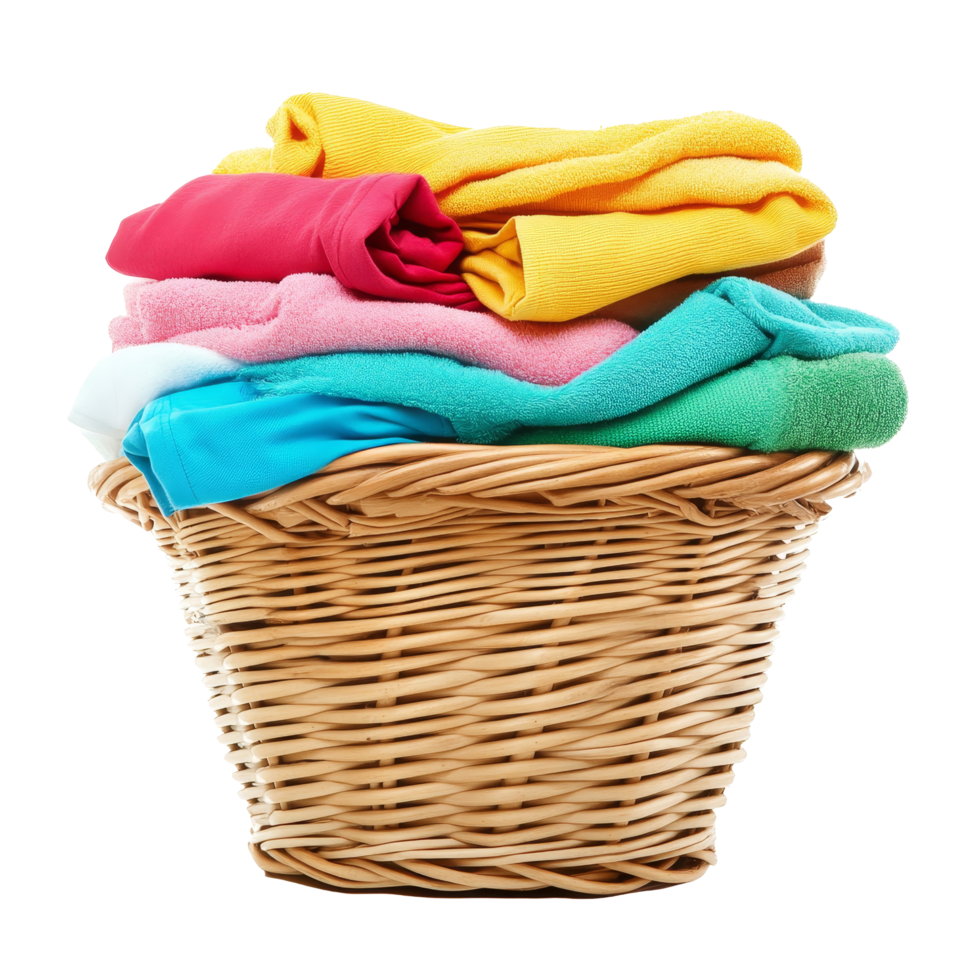 A vibrant stack of freshly folded clothes in a woven basket against a clean transparent background, of Stack of clean clothes in the basket transparent background isolated solid transparent background png