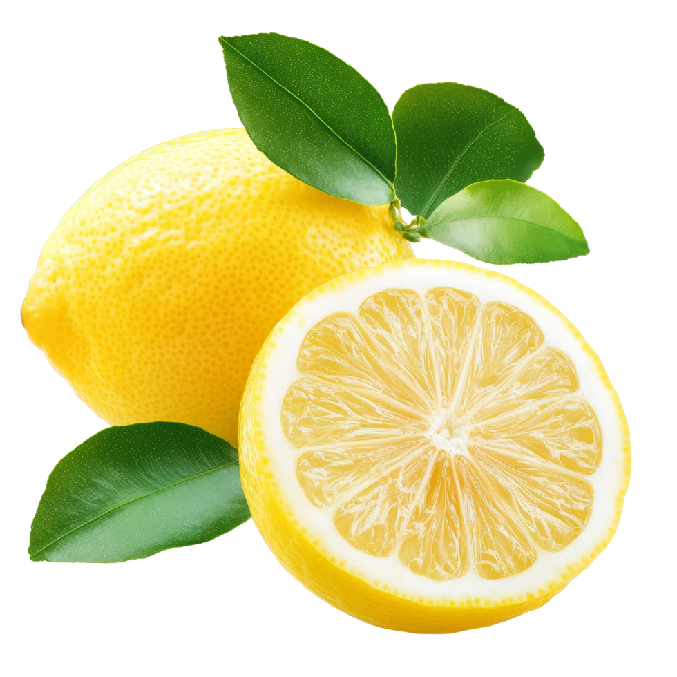 Fresh, bright lemon and its cut half with green leaves, perfect for culinary uses or refreshing drinks, fresh lemon isolated png